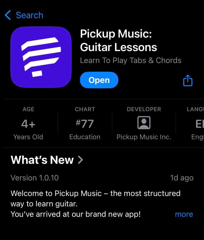 Pickup Music iOS App showing #77 in Education charts